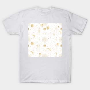 Magical White Gold Sun Moon Planets Galaxy Design T-Shirt